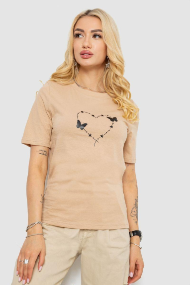 Жіноча футболка з принтом, колір бежевий, 241R125 XXL