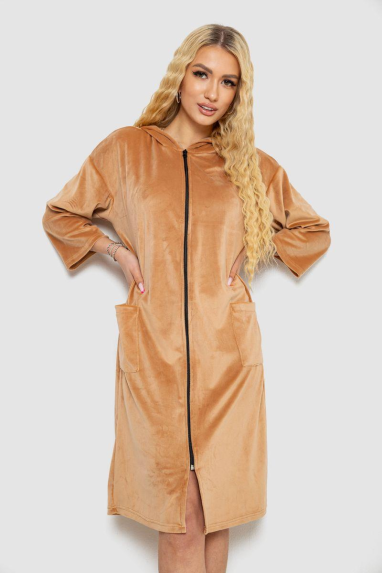 Халат жіночий велюровий на блискавці, колір бежевий, 238R101 XXXL, 54, XXXL