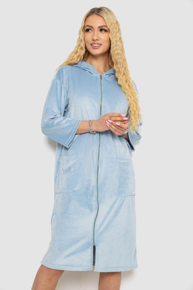 Халат жіночий велюровий на блискавці, колір блакитний, 238R101-1 XXXL, 54, XXXL