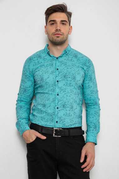 Сорочка чоловіча з принтом стрейч, колір бірюзовий, 214R1054 XXL, 52, XXL
