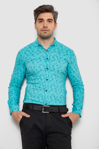 Сорочка чоловіча з принтом, колір бірюзовий, 214R1029 XL, 50, XL