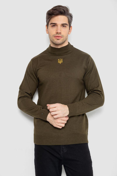 Светр чоловічий однотонний з вишивкою тризуб, колір хакі, 161R009 XXXL, 54, XXXL
