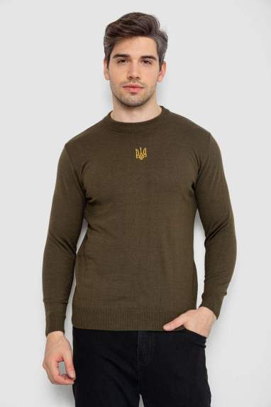 Светр чоловічий однотонний з вишивкою тризуб, колір хакі, 161R008 XL, 50, XL