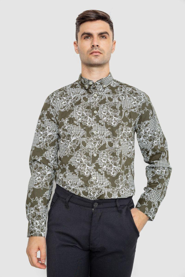 Сорочка чоловіча з принтом, колір оливково-білий, 247R115 XXXL, 54, XXXL