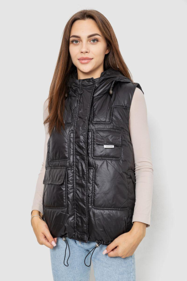 Жилет жіночий однотонний з капюшоном, колір чорний, 244R810 XL, 50, XL