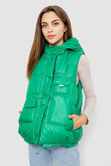 Жилет жіночий однотонний з капюшоном, колір зелений, 244R810 XL, 50, XL