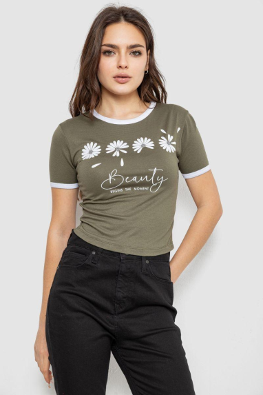 Футболка-топ жіноча з принтом, колір хакі, 244R604 XL, 50, XL