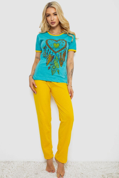 Піжама жіноча з принтом, колір бірюзовий, 243R30014 XL, 50, XL