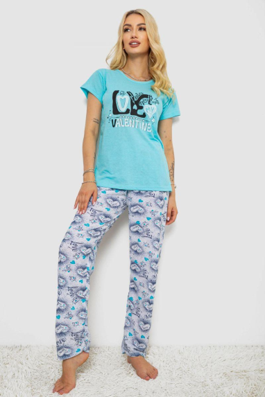 Піжама жіноча з принтом, колір бірюзовий, 243R2499 XL, 50, XL